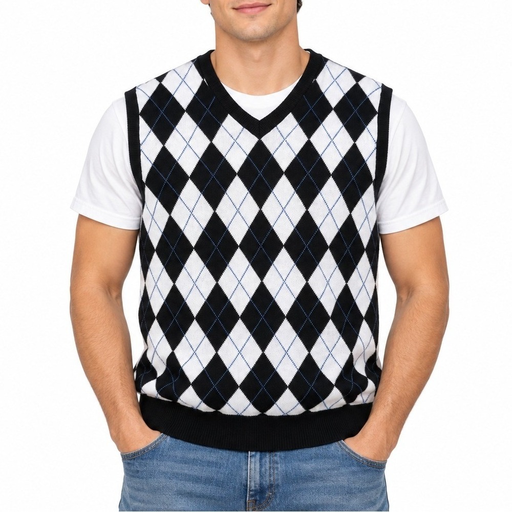 Polo Golf Cotton Silk Sweater Vest Mens L Black White Argyle V-Neck Resort Club